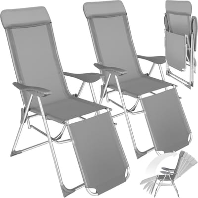 tectake® - Set van 2 klapstoelen - Aluminium tuinstoelen - Inklapbaar met hoofdsteun en voetensteun - Ligstoelen voor in de tuin, terras of balkon - Campingstoel - Grijs