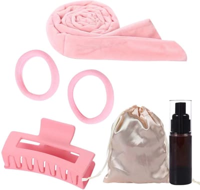 set van 6, Haarkruller, krullen zonder hitte, hitteloze krulband, fluweel, hoofdband voor krullen 's nachts, antislip, doe-het-zelf haarkruller, haarband, voor halflang haar,Met een lege fles, Rooz