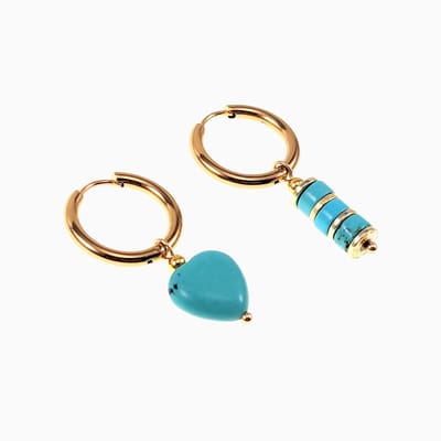 ∅18mm Oorringen met Turquoise Stenen - Verguld Stalen - Dames Oorbellen met Hart en Buis Hangers
