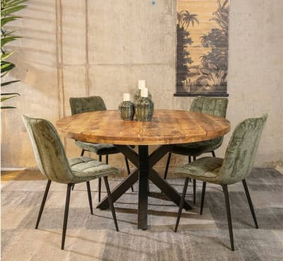 Meubelplaats Combideal Lucille: ronde eettafel Mangohout 120 cm met 4 Lucille eetkamerstoelen - Stof perfect harmony - Groen - Eethoek - eetkamerset - eettafel met stoelen