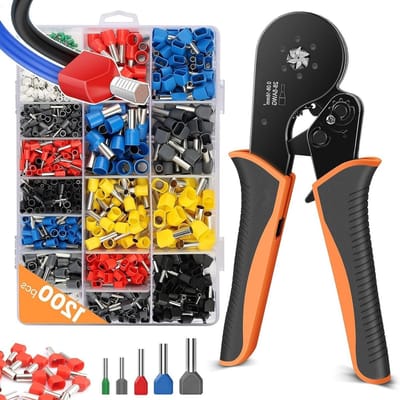 Crimping tool set voor 0.08-16mm² kabels, inclusief 1200 crimpconnectoren voor DIY en industrieel gebruik, geïsoleerde en niet-geïsoleerde krimpzijkniptangen