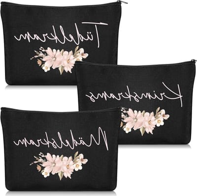 3-Delige Kleine Make-Uptas Toilettas in Zwart Canvas met Bloemen en Spreuk, Ideaal voor Reizen en Organiseren van Schoonheidsproducten voor Dames