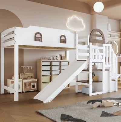 MEUNIQ stapelbed 90x200 cm met glijbaan, trap met handgreep en 2 opbergvakken, kinderbed met ramen en uitvalbeveiliging voor de kinderkamer, wit