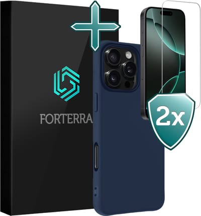 Hoesje Met 2x Screenprotector - Geschikt voor Apple iPhone 16 Pro - Sterk & Shockproof - Telefoon Hoes - Back Cover - Siliconen Case - Donkerblauw