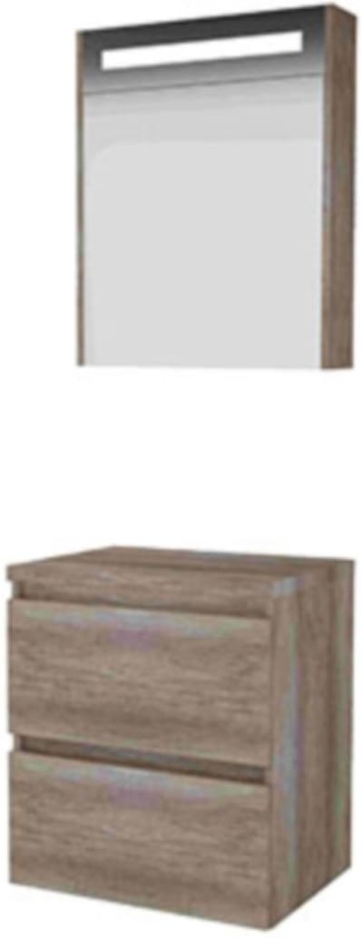 Basic-Line Premium 46 Badkamermeubelset - 60 x 46 cm - Greeploos - 2 Lades - Wastafelblad - Spiegelkast met LED Verlichting - Scotch Oak