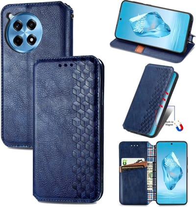 Luxe PU Lederen Ruitpatroon Wallet Case + PMMA Screenprotector voor OnePlus 12R _ Blauw