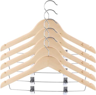 Kinder Kledinghangers - Houten Hangers - Kleding Opbergen - Met Clips - 5 Stuks - Natuurlijk