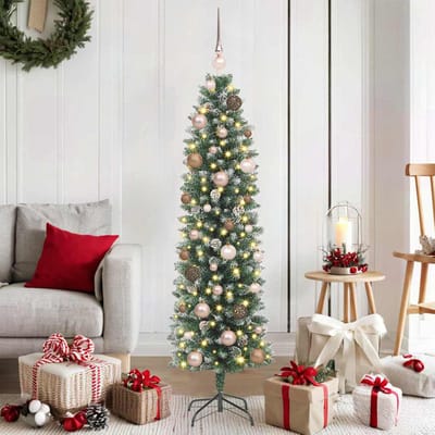 vidaXL Kunstmatige slanke kerstboom Groen en Wit 150 cm