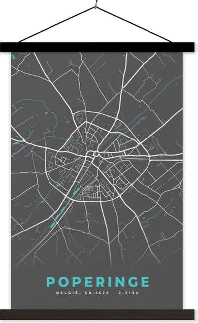 Posterhanger incl. Poster 40x60 cm - Schoolplaat - Plattegrond – Poperinge – Blauw – Stadskaart - Kaart - België - Textielposter - Zwarte latten - Stadskaart