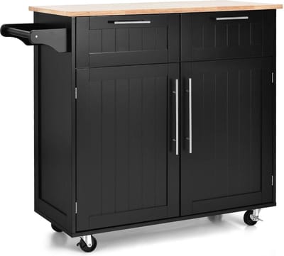 Keukeneiland - Verplaatsbaar - Keukenkast - Dressoir - Organizer - Kasten - Houten Werkblad - Lade - Zwart