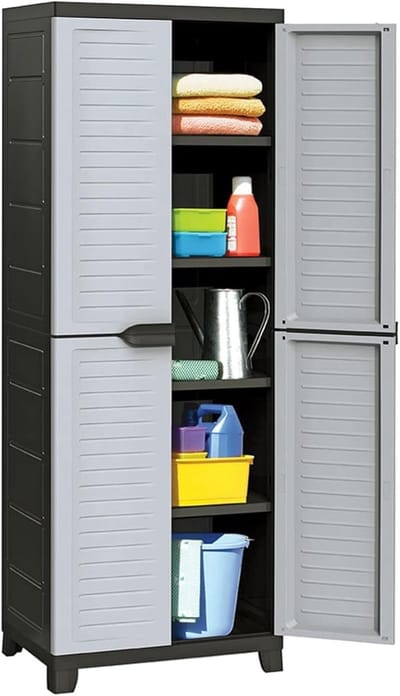 Tuinkast met deuren - Opbergkast plastic - Tuinspullen opbergen - Verstelbare legplanken - 65x45x181 cm - Grijs