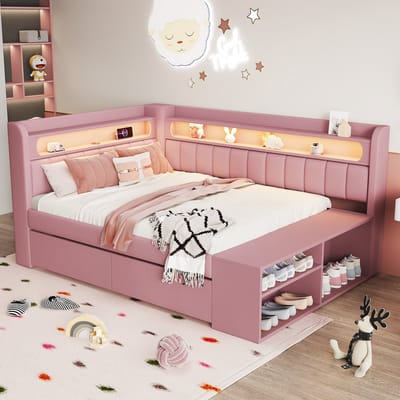 Gestoffeerd eenpersoonsbed 90x200 cm - Roze uitvoering - USB-aansluiting - 7-kleuren-ledverlichting - twee opberglades - schoenenkast aan voeteneinde
