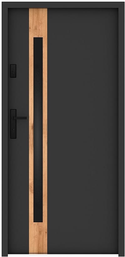 Vente-unique Massieve stalen en roestvrijstalen voordeur, 207 cm hoog x 100 cm breed - rookglas - antraciet en eikenhoutlook - 55 mm dik - rechtsdraaiend - BRAGA