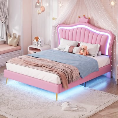 SINGULARITY-Kinderbed gestoffeerd 140 x 200 cm- bedframe voor meisjes- roze kroon tweepersoonsbedframe met LED-verlichting- matras- zonder matras