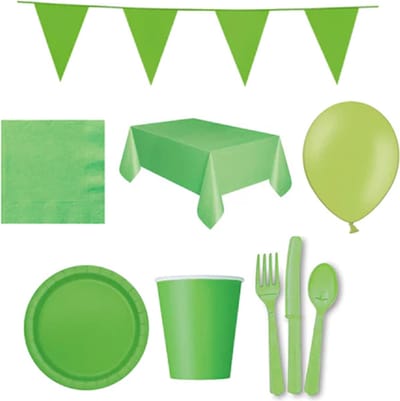 Feestpakket bestek 204-delig (24 personen) - Feest bestek Groen - 2x Tafelkleed Feest - 40 Kartonnen bordjes - 72x bestek - 20 ballonnen - 1 Vlaglijn groot - 1 Vlaggenlijn klein - 28x Bekers karton wegwerp - 40x Papieren Servetten - Groen
