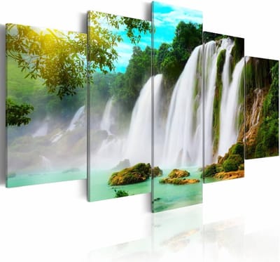 Schilderij - Waterval, Blauw/Groen/Wit, wanddecoratie, 5luik , premium print op canvas