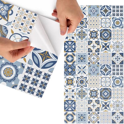 Tulup Meubelfolie - Retro tegels Wrapfolie Keuken - 65x130 cm - Blauw Meubelfolie - Decoratiefolie - Retro Meubelfolie - Meubel Wrap Folie - Woonkamer decoratie - Achtergronden en patronen