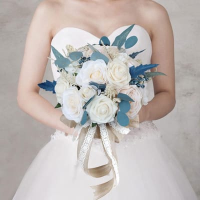 Wedding Bouquet Vintage Style Creamy White Blue Rose Bride Bridal Art Bouquet Bridesmaid Wedding Decoration Bouquets (Large)