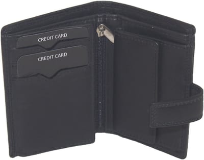 Oi zwarte leren kleine billfold / compacte herenportemonnee afsluitbaar met muntvak naar midden toe / klein linkshandig beursje met lipje / anti skim / zwart leer / 347
