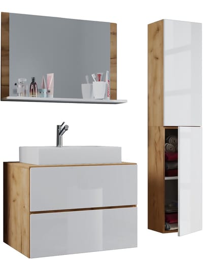 VCM 4-tlg. Waschplatz Waschtisch | Waschbecken Unterschrank Breite 80 cm | Badmöbel Set mit Schubladen Drehtüren Spiegel | Lendas L