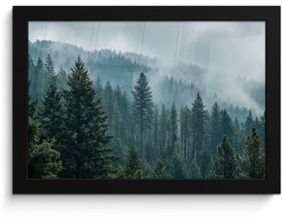 Poster in lijst - Fotolijst 30x20 cm - Posters - Naaldwoud - Bergen - Mist - Posterlijst zwart - Decoratie - Wanddecoratie woonkamer - Muurdecoratie slaapkamer