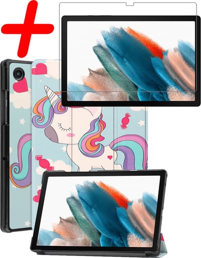 Hoesje Geschikt voor Samsung Galaxy Tab A8 - Met Screenprotector - Trifold Bookcase - Hard Cover - Hardcover Book Case - Tablet Hoes - Eenhoorn