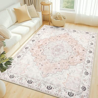 Olanly Vintage Vloerkleed - Lichtroze En Wit - Laagpolig Tapijt - Geschikt Voor De Woonkamer - 183x275 cm