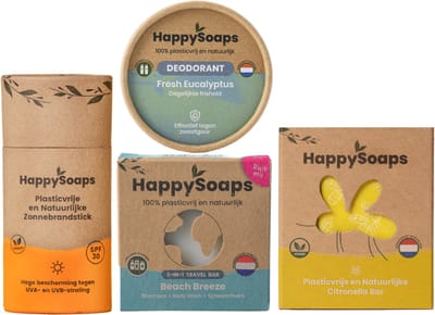 HappySoaps - Travel Starterspakket - 3-in-1 Travel Wash Bar, Zonnebrandstick SPF 30, Anti-Insect Bar, Natuurlijke Deodorant - Plasticvrije Reisset