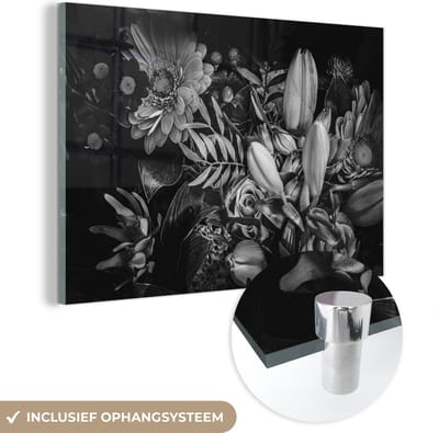 MuchoWow® Glasschilderij 60x40 cm - Schilderij acrylglas - Boeket - Stilleven - Bloemen - Planten - Rood - Foto op glas - Schilderijen