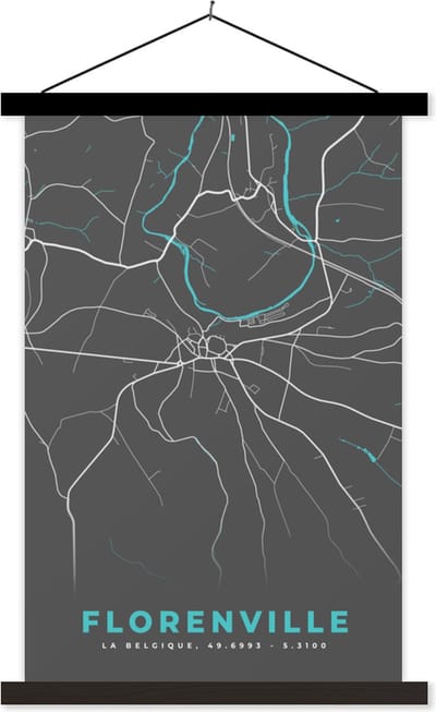 Posterhanger incl. Poster 40x60 cm - Schoolplaat - België – Florenville – Stadskaart – Kaart – Blauw – Plattegrond - Textielposter - Zwarte latten - Stadskaart