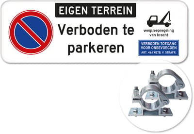 Parkeerbord Eigen Terrein - Weerbestendig Aluminium - 60x20 cm - Bevestiging: Met paalbeugels Ø48mm