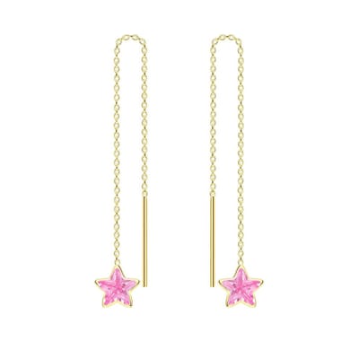 Joy|S - Zilveren ster (6 mm) pull through oorbellen - kettinkje - zirkonia roze - gold plated