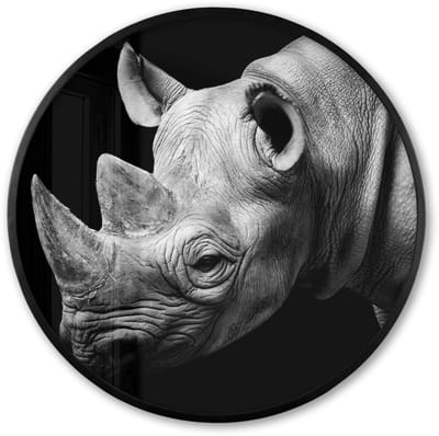 Poster in lijst Rond - Fotolijst 60x60 cm - Posters - Dieren - Neushoorn - Zwart - Wit - Portret - Ronde posterlijst zwart - Decoratie - Wanddecoratie woonkamer - Muurdecoratie slaapkamer
