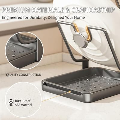 4stuk - Keukenrek voor pannendeksels - Verticaal rek voor pannendeksels - Antislip keukenrek voor pannendeksels - Met lepelhouder en lekbak - Multifunctioneel snijplankrek - Keukenrek voor op het aanrecht - Grijs