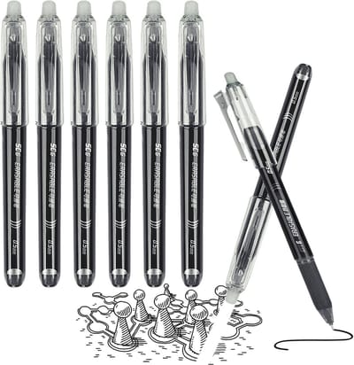 SnelShoppen - 6 Uitwisbare Gelpennen, Zwarte Erasable Pennen, 0.5mm Fijne Punt, Geschikt voor Kinderen en Volwassenen, School en Kantoor