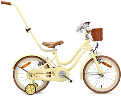 SUN BABY Heart Bike Fiets voor een meisje van 2 tot 6 jaar, 12, 14, 16 inch, met fietsbel, zijwieltjes, duwstang en stuurmandje (Butter Yellow, 16 inch)