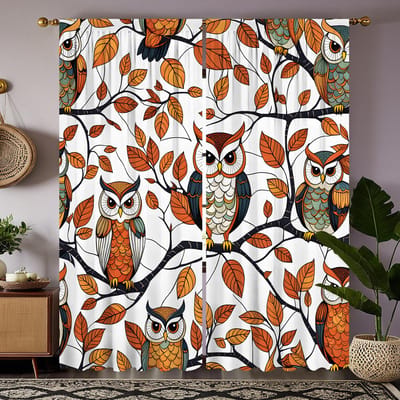 2 pièces HD Arbre d'automne Aigle à tête de chat Famille rideau décoratif Jaune attache rideau imprimé numériquement Style décoration de maison Décor W52H63inchW132H160cm black