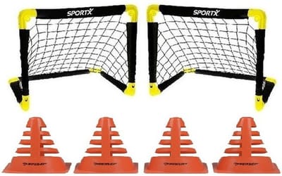 Complete voetbal speelset - van 2 voetbal goals - 55 x 44 x 44 cm - inclusief 4 stuks oranje pionnen