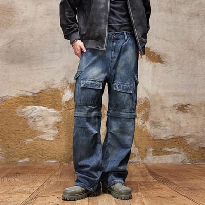 Jean ample droit drapé à poches multiples et à empiècements de rue américaine pour homme 36 bleu
