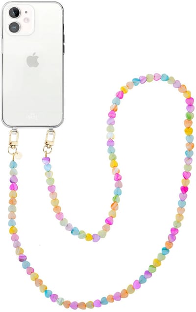 xoxo Wildhearts siliconen hoesje - Geschikt voor iPhone 12 hoesje - Shell Hearts (long) - Telefoonhoesje - Hoesje met koord - gekleurde hartjes - Lang koord - Transparant hoesje met telefoonkoord - Regenboog / Meerkleurig