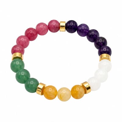 Elastische kralen armband voor dames met veelkleurige glaskralen en goudkleurige accenten – ronde dames armband