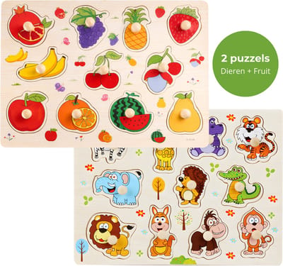 Dieren + Fruit - Houten puzzels voor kinderen 1 jaar / 2 jaar / 3 jaar - Educatief speelgoed - Cadeau jongen / meisje - Baby - Dreumes - Peuter - Traktatie - Uitdeelcadeaus
