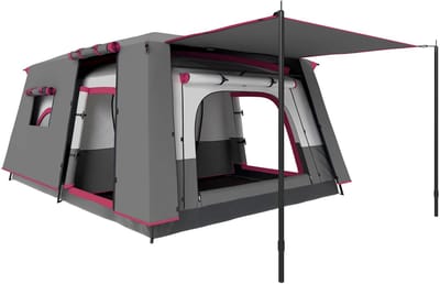 Bresht Familietent - Campingtent - Kampeertent - Tent - Geschikt voor gezinnen/groepen - Lichtgrijs met roze - 430 x 305 x 195 cm