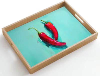 Dienblad hout 50x35 cm - Schootdienblad - Chilipepers - Geverfd - Rood - Borrelplank rechthoek - Plateau dienbladen
