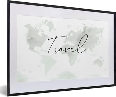 Poster in lijst - Fotolijst 60x40 cm - Posters - Wereldkaart - Waterverf - Zwart - Wit - Posterlijst zwart - Decoratie - Wanddecoratie woonkamer - Muurdecoratie slaapkamer