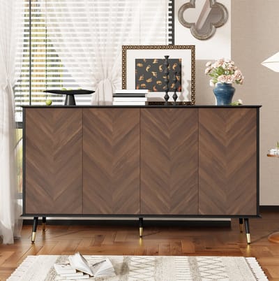 FloraGrace Dressoir - Visgraat Front Met 4 Deuren En Verstelbare Planken - Voor Woonkamer Hal En Eetkamer - MDF - 140x40x80 Cm - Zwart Bruin