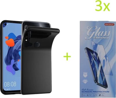 hoesje Geschikt voor: Huawei P20 Lite 2019 / Huawei Nova 5i TPU Silicone rubberen + 3 Stuks Tempered screenprotector - zwart
