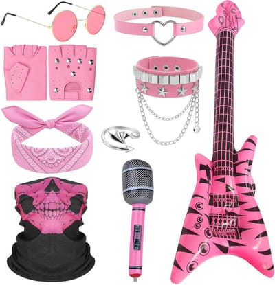 Punk Rockstar Kostuum Set voor Feestjes met Inflatable Gitaar, Handschoenen, Zonnebril en Tattoo Mouwen