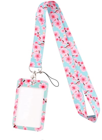 Travel Cords - keycord met pashouder Cherry Blossom Blue - uitschuifbaar - eenzijdig transparant venster - lanyard - passen, sleutels en telefoon - met telefooncord - hardcase