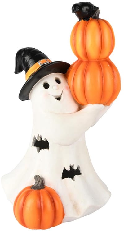 Spookje met pompoenen wit-oranje resina LED 41 cm hoog - Halloween - Griezel - Herfstcollectie - Herfstdecoratie - interieurdecoratie - accessoire - voor binnen - gift - geschenk - cadeau verjaardag